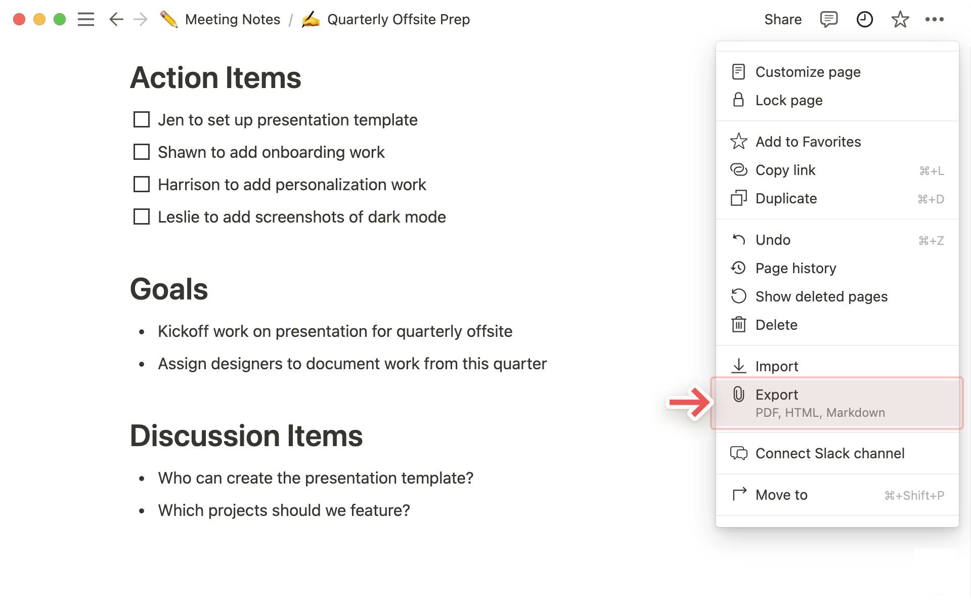  Export menu on a Notion page (click ••• → Export)
