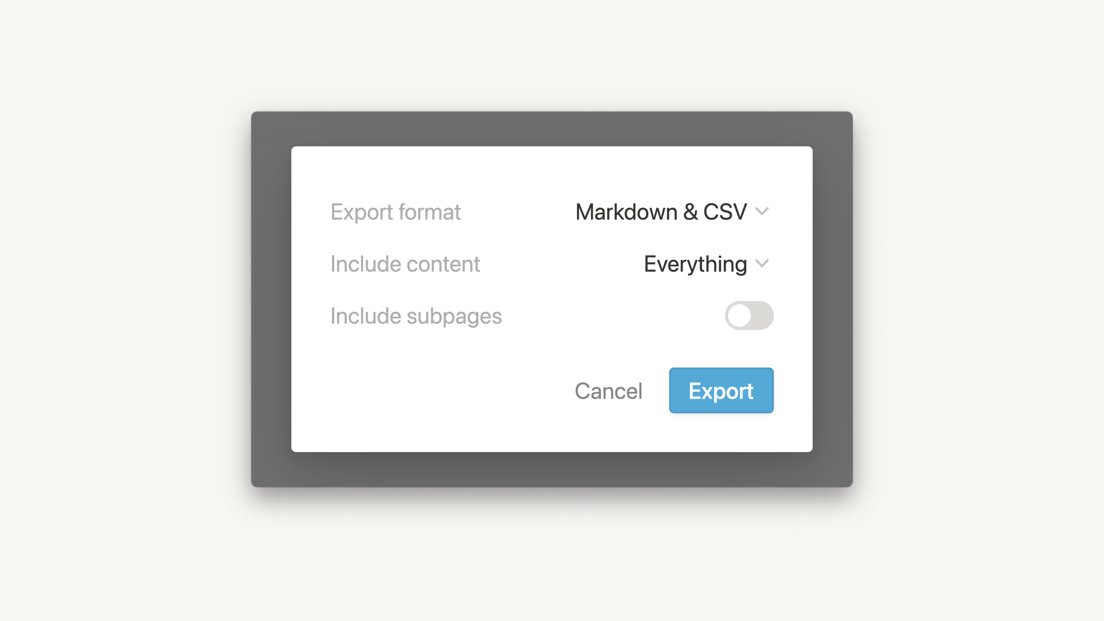 Database export dialog: select Markdown & CSV to export tables.